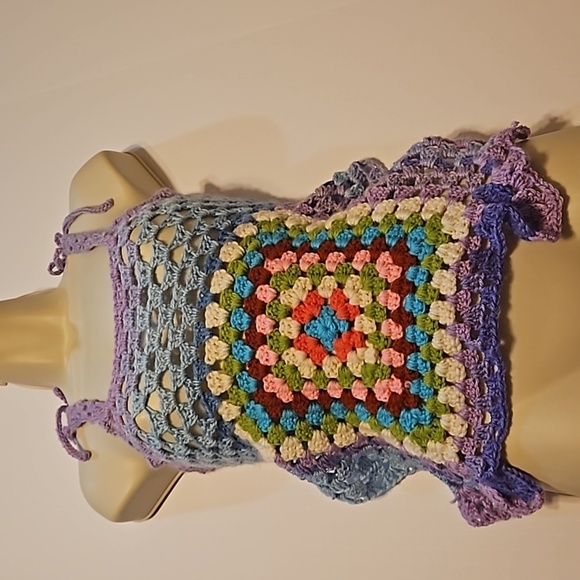 Hand Crafted crop top crochet halter granny square purple festival Rave small - Picture 14 of 17
